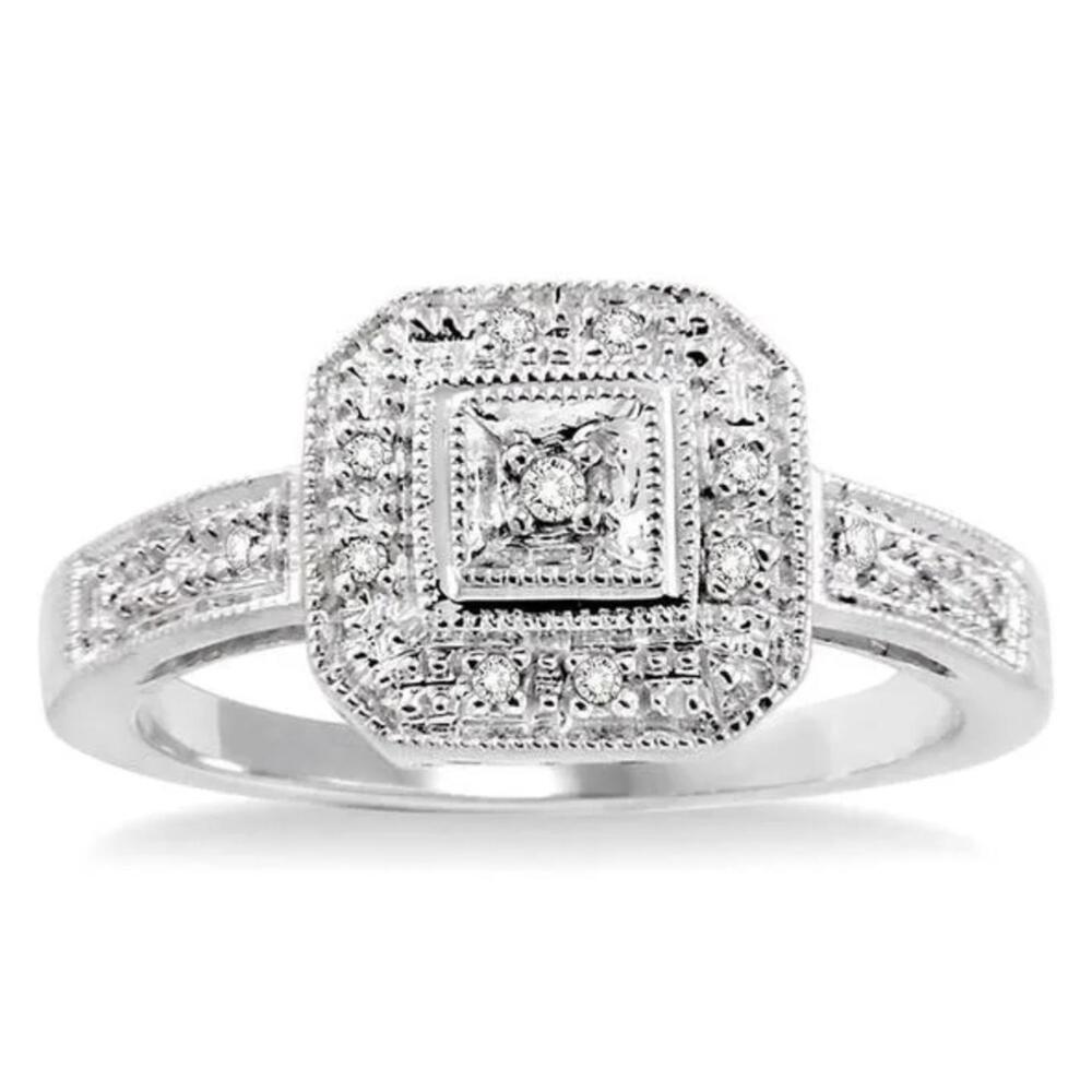10kt White Gold Diamond Halo Vintage Milgrain Style Engagement Ring